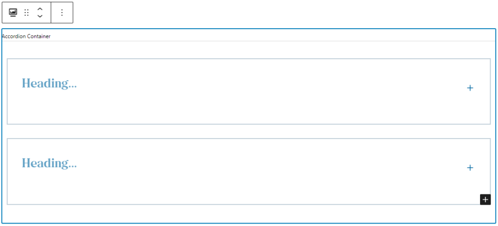 Example of adding another collapsible section to the accordion container. There are two collapsible sections inside the accordion container. The sections are stacked vertically inside the container. There is a black button with a white plus sign in the bottom right corner.
