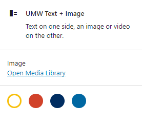 Example of the text and image block menu with options to insert an image and change the background color between yellow, red, dark blue, and light blue.