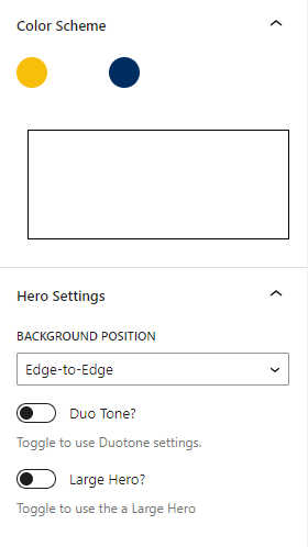 Example of the bottom half of the hero block menu. There are options to change the background color, background position, and toggling the duo-tone function.