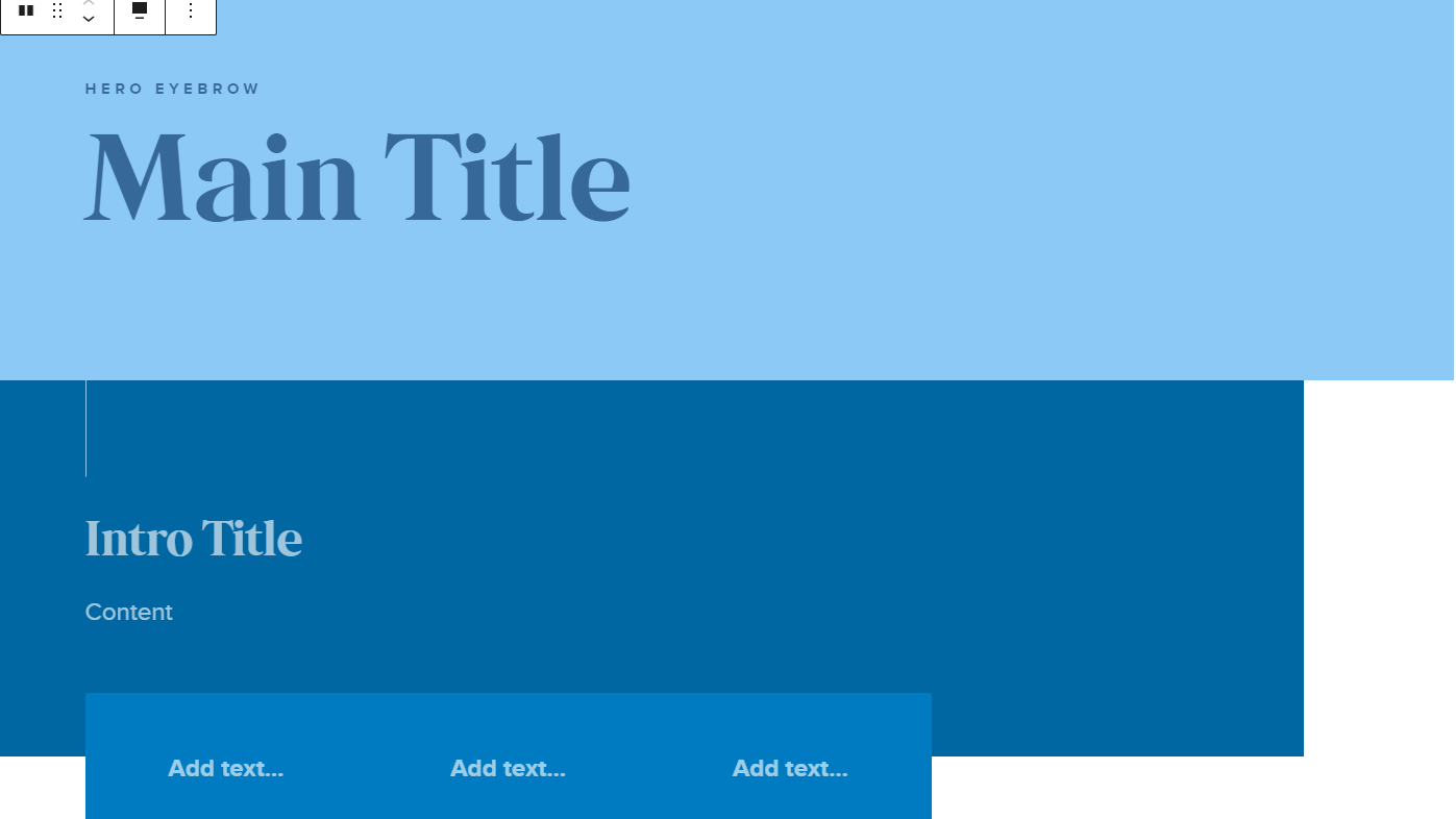 Screenshot of the UMW Hero block in the editor view: a light blue background box with large letters showing where the page title would go and smaller text above it to explain what site you are on; a dark blue background box below that with a smaller heading text field and a content field underneath that; at the bottom are three buttons that can be linked as calls to action.