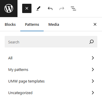 Example of the Block Pattern search window in the WordPress dashboard.